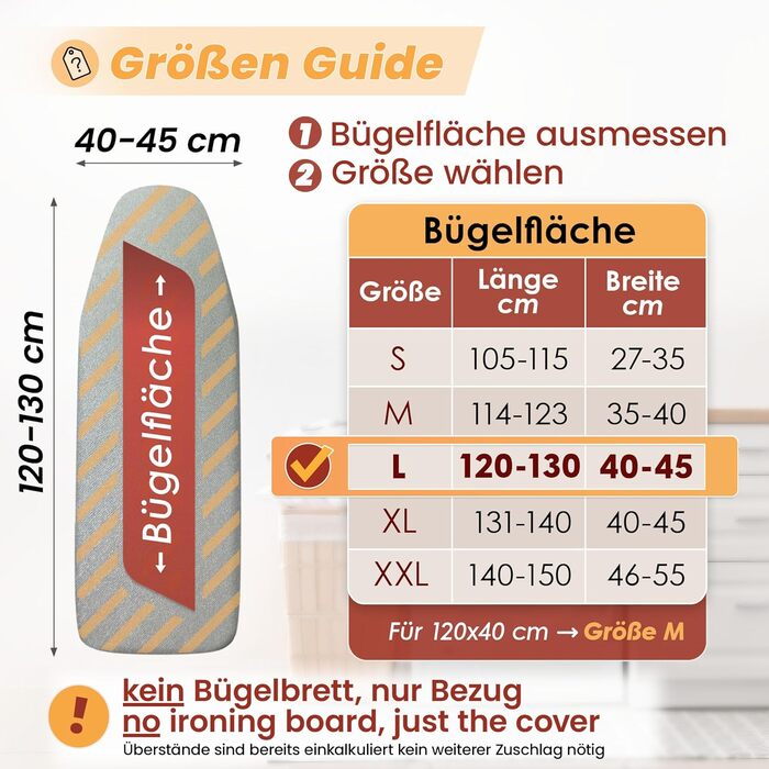 Покриття для прасувальної дошки 120x40 см, відбиваюче тепло, з гумкою, OEKOTEX100, 5 розмірів, з підкладкою, для парових прасок, срібного кольору (L)