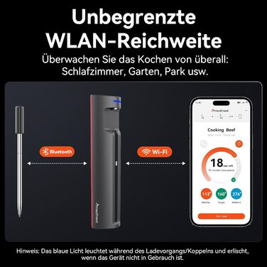 Бездротовий термометр для м'яса з Wi-Fi та Bluetooth, моніторинг через додаток, таймер та сповіщення, водонепроникний (IP67) та маслостійкий, для BBQ, духовки, гриля, кухні MMP1