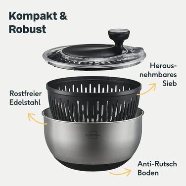 Салатниця-центрифуга Silberthal з нержавіючої сталі, 4,5 л - велика, з неслизьким дном, з ручним приводом та стоп-кнопкою, BPA-free, придатна для миття в посудомийній машині