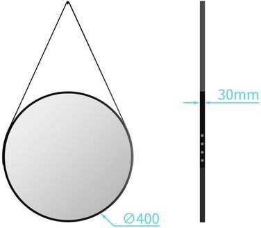 Круглий дзеркало Boromal Schwarz діаметром 40 см з реміннем, велике кругле дзеркало для ванної кімнати, спальні, вітальні, передпокою, з підвішуванням на стіну, з шкіряним реміннем