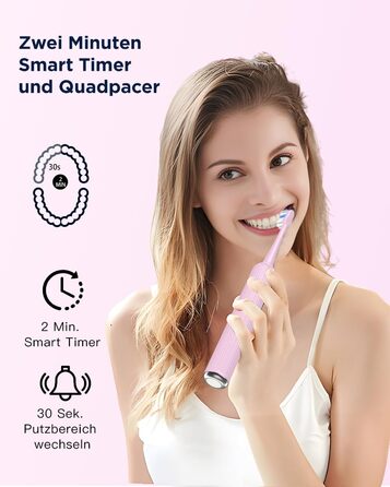 Електрична звукова зубна щітка для дорослих і дітей, 5 режимів чищення, 3 рівні інтенсивності, таймер, 8 насадок, кейс для подорожей, акумуляторна (Рожева, 1 шт.)