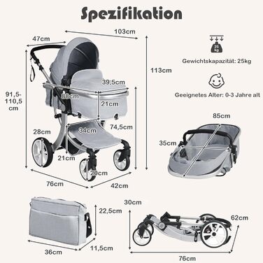 Дитяча коляска 2 в 1 Costway, комбінована, з регульованою спинкою, підніжкою, капюшоном, москітною сіткою, для дітей до 3 років (сіра)