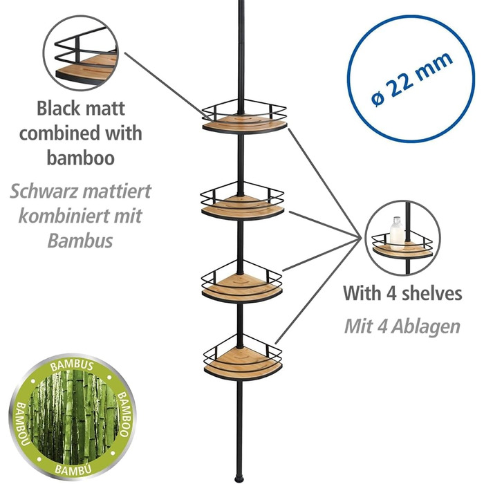 Телескопічна кутова полиця Dolcedo, регульована по висоті, 4 полиці, нержавіюча сталь/бамбук, чорна, 365-275x20 см