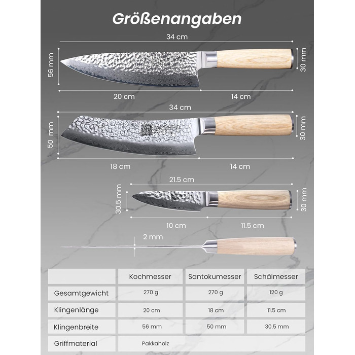 Японський ніж Сантоку 18 см з VG-10 сталі Дамаск (67 шарів), сертифікована гострота та зносостійкість, для кухні та як подарунок