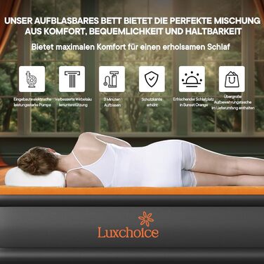 Надувне ліжко Luxchoice з електричним насосом для 2 осіб (205x155x38 см) - Dark Orange