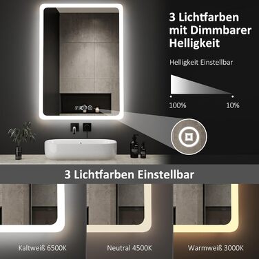 Дзеркало для ванної кімнати з підсвічуванням та годинником Boromal 50x70 см, диммер, 3 кольори світла, 2470 лм