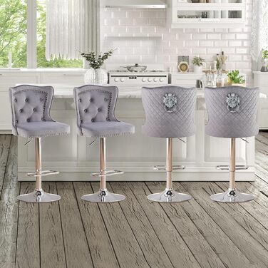 Набір з 2 барних стільців Samt - сучасні стільці для бару з високою спинкою, оббивка велюром, регульована висота, сірий