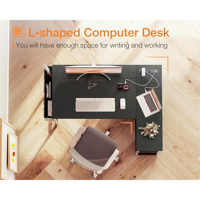 Комп'ютерний стіл ODK для геймінгу L-подібний з розетками, полицями та підставкою для ПК. Підходить для дому та офісу, компактний, 101,6 см