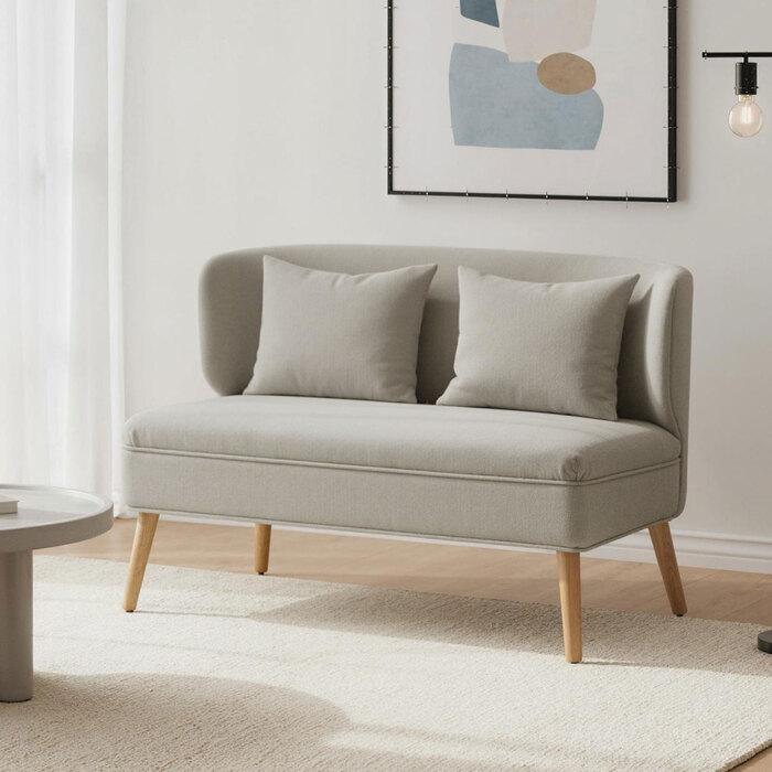 Диван на 2 місця, компактний диван з велюровою оббивкою та крилами, з м'яким сидінням та ніжками з масиву гевеї, бежевого кольору.