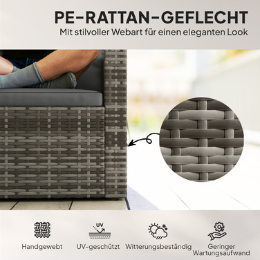 Двомісний ротанговий диван з подушками та відкидними бічними столиками. Ідеальний для відпочинку та створення затишної зони відпочинку. Колір: світло-сірий.