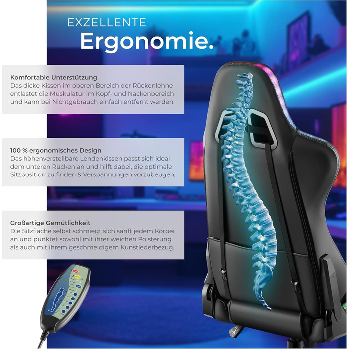 Ігровий крісло Tectake з масажем та LED-підсвіткою, чорний колір. Ергономічний офісний стіл для ігор, крісло для робочого кабінету.