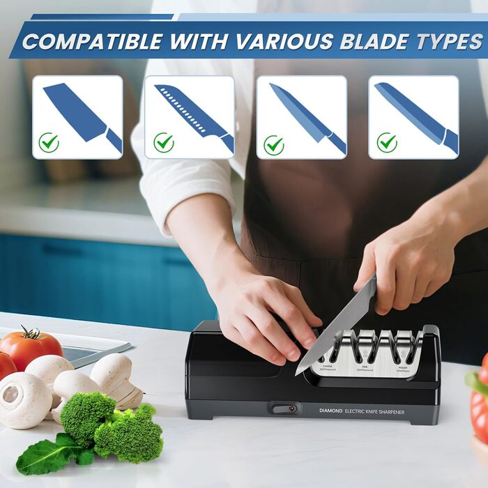 Електричний точило для ножів MusyVocay з алмазним покриттям, професійне 3-ступеневе, кухонне точило з регулюванням кута 20 градусів для грубого шліфування та відновлення леза (чорний)