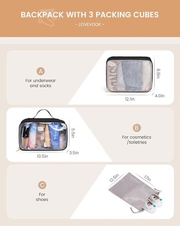 LOVEVOOK Рюкзак для ручної поклажі 40L, рюкзак для подорожей для жінок, великий, для літака з відділенням для мокрого та сухого, для ноутбука 17.3