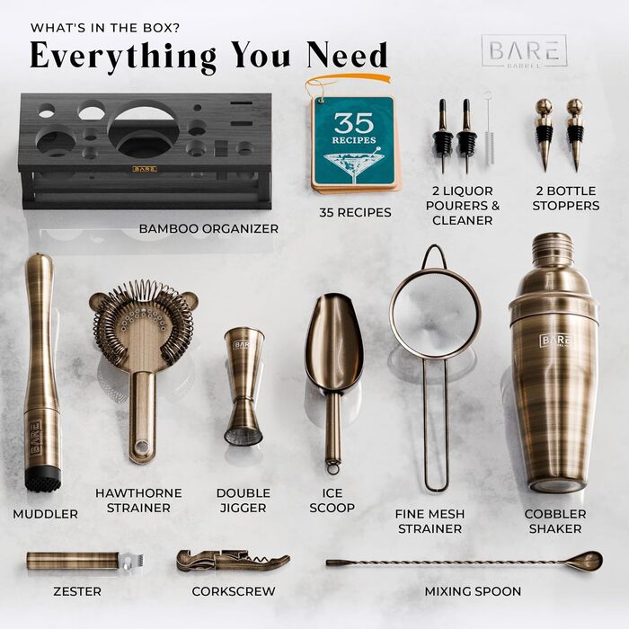 Набір бармена BARE BARREL®: 16 предметів для приготування коктейлів | Шейкер, барне аксесуар, інструменти для дому | 35 рецептів + подарунковий набір (680.4 г Cobbler Shaker, латунь/чорний, 24oz)