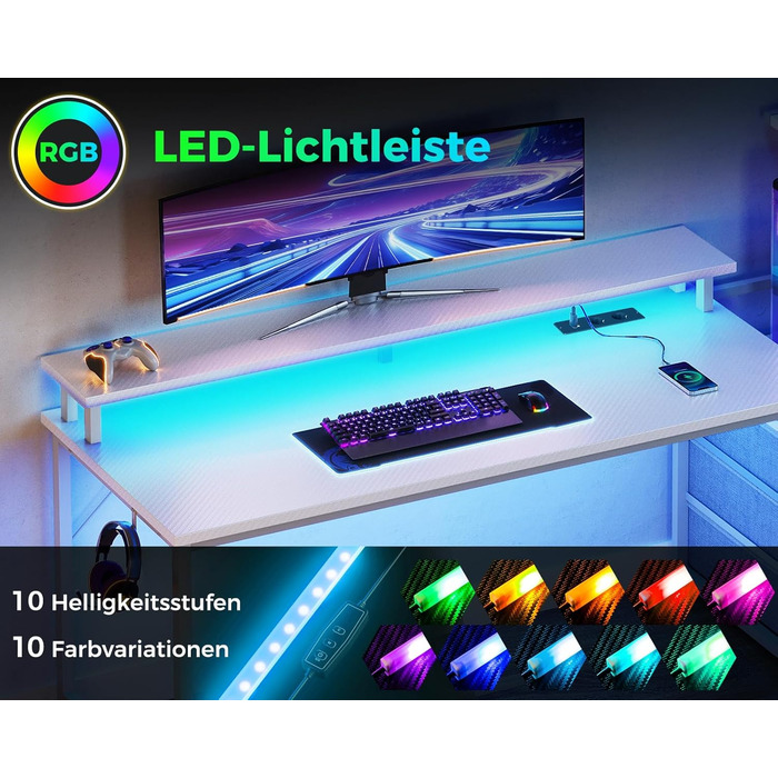 Ігровий стіл Coleshome з шухлядами, 151x50 см, з LED-підсвічуванням та розеткою, з полицями та підставкою для монітора (карбонове волокно)