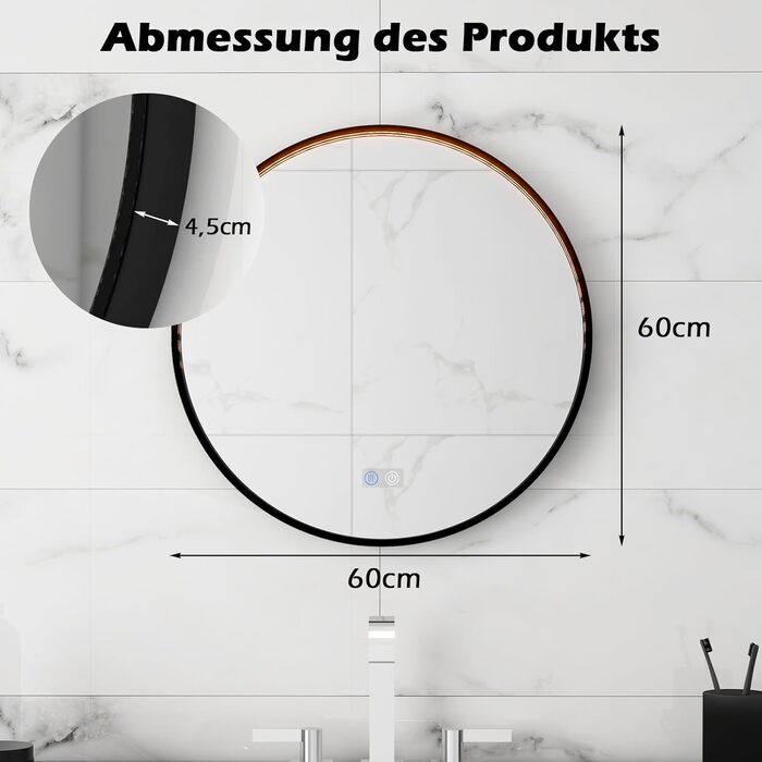 Дзеркало для ванної кімнати RELAX4LIFE круглої форми з підсвічуванням, 60 см, з сенсорним вимикачем та функцією пам'яті, LED, антизапар, 3 кольори світла, регулювання яскравості, енергозберігаюче