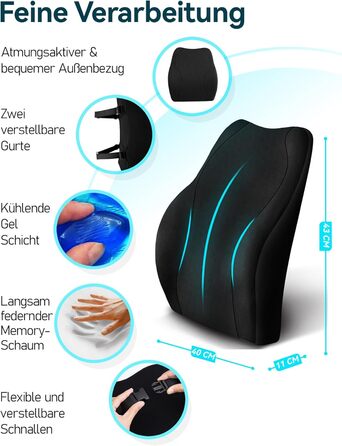 Подушка для спини Ergonomisches RückenKissen Travel Ease з гелевою піною Memory Foam, для офісного крісла, з антистатичним, приємним до шкіри чохлом, для комфортної посадки (Чорний)