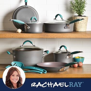 Набір посуду Rachael Ray Cucina Harteloxiertes Antihaft, Тöpfe und Pfannen, алюміній, сірий з блакитними ручками