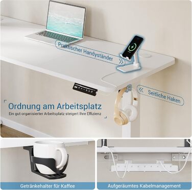 Регульований стіл 140 x 60 см з USB-C зарядкою, електричний, з функцією пам'яті, для офісу, стоячий/сидячий, білий Pro, 140x60 см