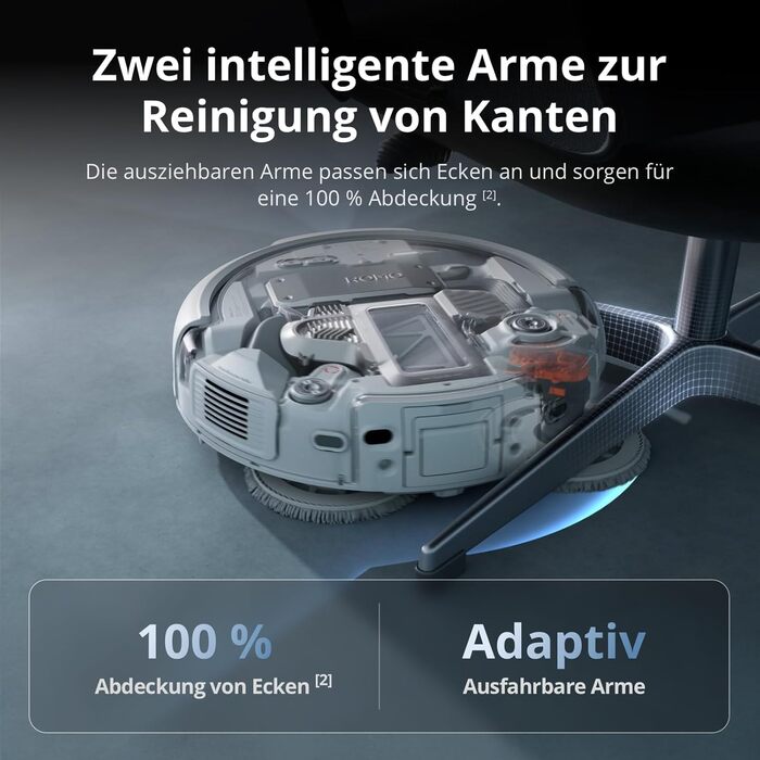 Робот-пилосос DJI ROMO S з функцією миття підлоги, 25000 Па потужність всмоктування, розпізнавання перешкод рівня дрона, два роботизовані руки, 200 днів без обслуговування, автоматичне очищення та сушіння моп-насадки (DJI ROMO P (версія з баком для води))