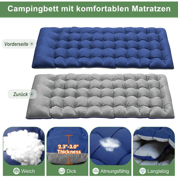 Складне ліжко-шезлонг – 200 кг, з матрацом, кишенями, регульованою спинкою та підголівником – для офісу, тераси, саду, кемпінгу та відпочинку на сонці (Блакитний Літтер)