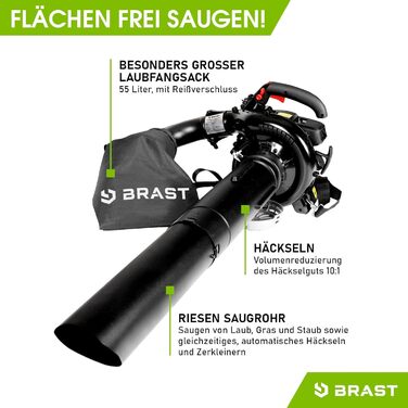 Бензиновий збирач листя BRST® Laubsauger Laubbläser 1,0kW (1,36PS) з мішком 55L, 2 насадки, ремінь та антивібраційний руків'я | 4в1 | Швидкість потоку 73 м/с