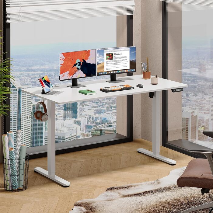Регульований стіл Devaise 140x70 см з тихим мотором та функцією пам'яті, офісний стіл для роботи стоячи, білий
