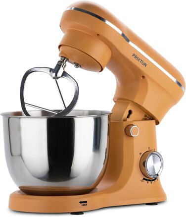 Міксер Prixton KR250 для випічки, 1500 Вт, 10 швидкостей, чаша 5 л з нержавіючої сталі, 3 насадки, прозорий ковпак (Оранжевий)