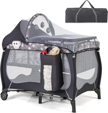 Дитяче ліжко-манежа DREAMADE 102x72 см, 3 в 1: ліжко, манежа, бебі-центр з матрацом, колесами, москітною сіткою та пеленальним столиком для новонароджених та дітей 0-36 місяців (сірий)