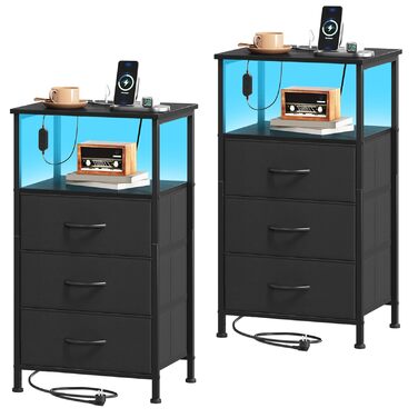 Нічний столик Somdot з підзарядкою, LED, розеткою (USB, Type-C) для спальні, вітальні, дитячої кімнати, чорний, 30x40x60/72 см (2/3 ящики)