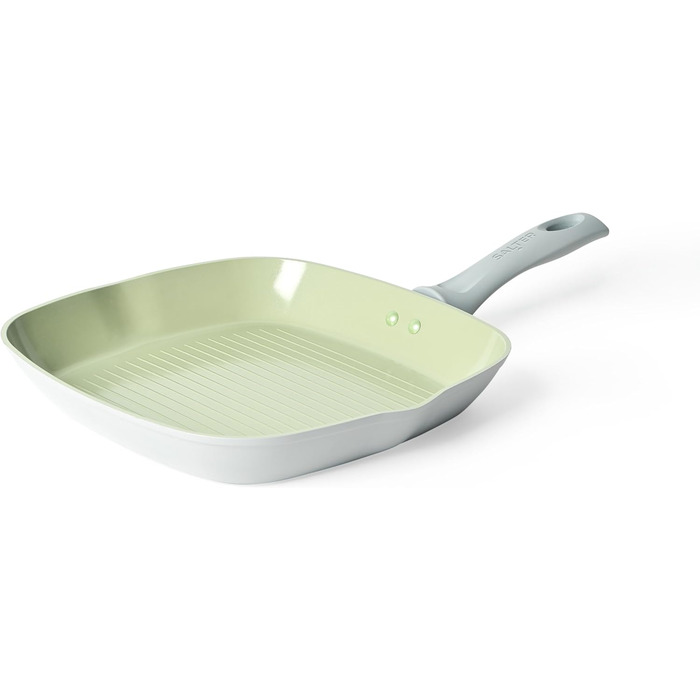 Сковорода-гриль SALTER Earth Grill 28 см з виливом, квадратна, для стейків, сумісна з індукцією, без PFAS/PFOA, алюміній з титановою основою, керамічне покриття, легко миється, з бакелітовою ручкою, зелена