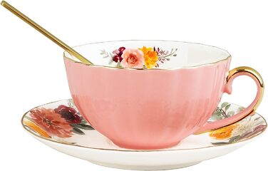 Набір чашок і блюдців fanquare об'ємом 200 мл для 1 людини, керамічна чашка з золотим обідком, порцелянова кавова чашка з ложечкою, темно-зеленого кольору (з рожевими квітами)