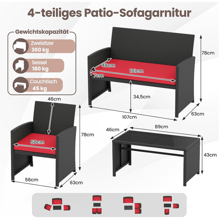 Садовий набір меблів COSTWAY з ротангу для балкона та тераси: диван, 2 крісла, стіл, подушки (сірий + чорний)