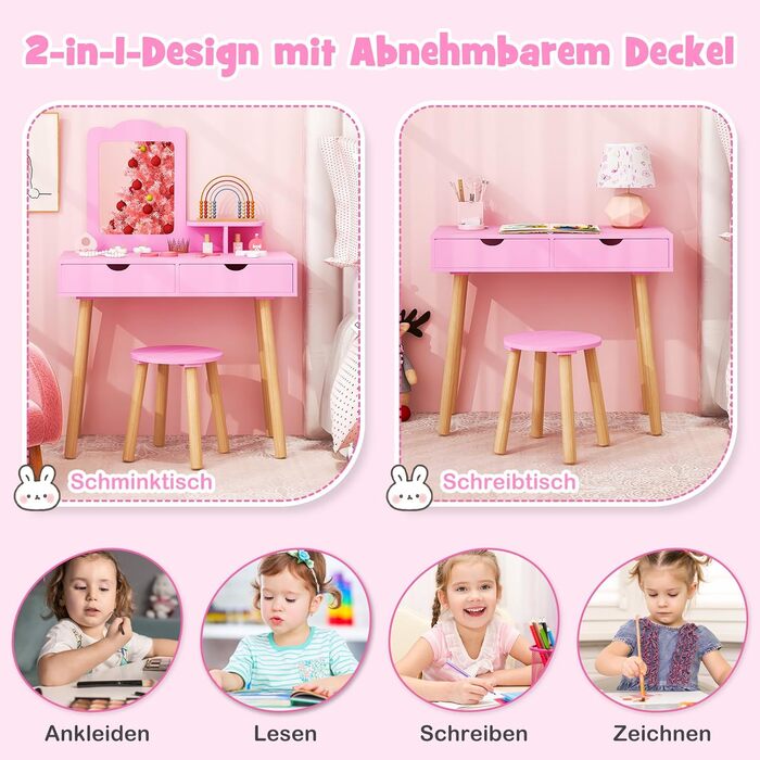 Детский туалетний столик COSTWAY 2-в-1 зі стільчиком та дзеркалом, з шухлядами, для дівчаток 3-7 років (Рожевий, без підсвічування)