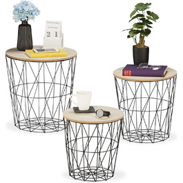 Набір плетених столів Relaxdays з 3 шт. , круглий, кошик з приставним столом для вітальні, металевий і дерев'яний вигляд, 3 розміри, стіл з дротяним кошиком, чорний
