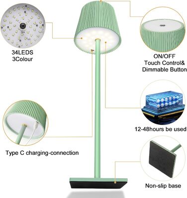 Бездротова світлодіодна настільна лампа Riokko, з можливістю затемнення, 3 колірні температури, USB-C, IP54, акумулятор, зелений