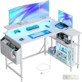 Ігровий кутовий стіл DOMSHOCT з LED-підсвічуванням, 100 x 80 см. З полицями, підставкою для монітора та кишенькою для зберігання. Білий колір.