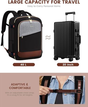 LOVEVOOK Рюкзак для ручної поклажі, дорожній рюкзак для жінок, водонепроникний, з відділенням для взуття, 17-дюймовий ноутбук, 40L, 45x36x20 см, Carry on Luggage (Чорний+сірий+коричневий)