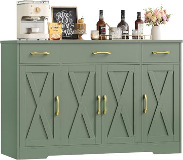 Sideboard HOCSOK 140 см: буфет з 3 ящиками, 4 дверцятами та 2 регульованими полицями, для кухні, вітальні, передпокою, білий & коричневий (зелений)