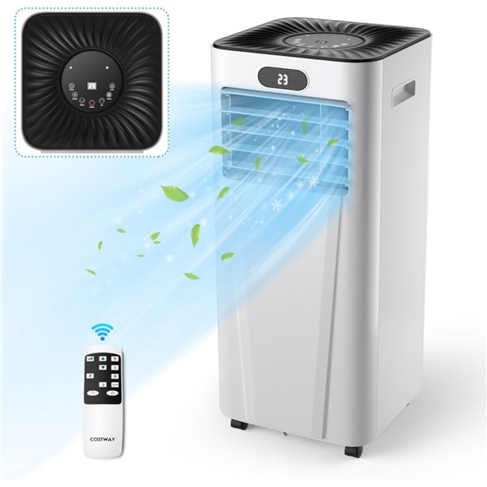 Мобільний кондиціонер COSTWAY 7000 BTU з гнучким шлангом, 2,1 кВт, охолодження 16-32℃, вентиляція з 2 швидкостями, осушення 19 л/добу, сплячий режим, для кімнат до 25 м²