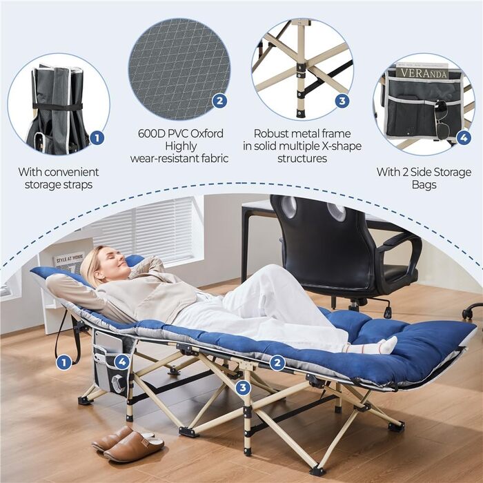 Розкладне кемпінгове ліжко Yaheetech з матрацом та сумкою для перенесення, гостьове ліжко для відпочинку та саду, 191 x 67 см, витримує до 150 кг (Блакитний/Сірий)