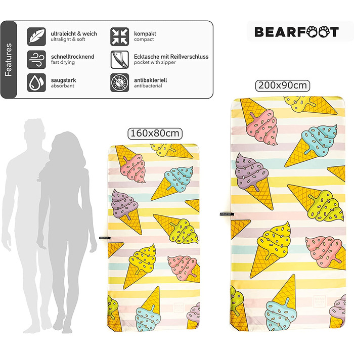 Пляжний рушник з мікрофібри BEARFOOT XXL з кишенею Швидковисихаючі рушники - Рушник з мікрофібри великого розміру-надлегке / аксесуари для відпочинку і пляжу або в якості рушника для сауни (200x90 см, морозиво)