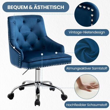Крісло офісне Fiximaster з велюру, поворотне, з роликами, регульоване по висоті, для макіяжу, з золотими ніжками, сучасне, для офісу, спальні або туалетного столика, до 135 кг (Блакитне)