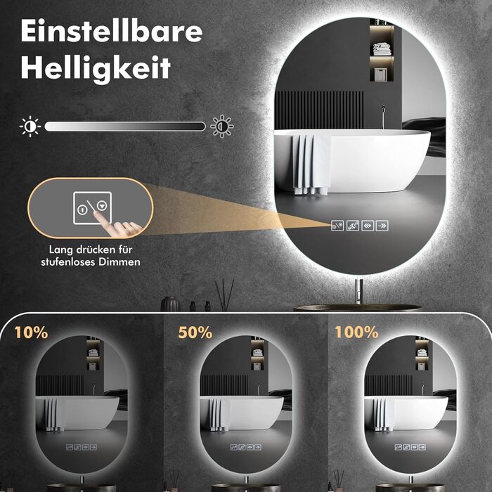 Дзеркало для ванної кімнати Worshow з підсвічуванням 50x70 см, прямокутне, LED, з антизапарюванням, Bluetooth, 3 режими кольору, таймер, пам'ять, сенсорне керування