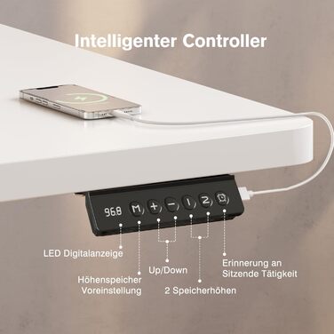 Регульований стіл Devoko з USB-роз'ємом: електричний, для роботи, стоячи/сидячи, 180x80 см, білий