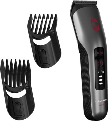 Тример для волосся та бороди GRUNDIG ProClub MC 8030, з датчиком BeardCare, технологією Titanium Blades, 2 гребінцями для різної довжини стрижки, тривалим часом роботи, вологим і сухим, темно-матовим хромованим/червоним