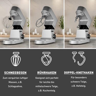 Кухонна машина Heinrichs 2500W з подвійним гаком для тіста, міксером та вінчиком, 8 швидкостей, чаша 8л з нержавіючої сталі, тиха, колір 