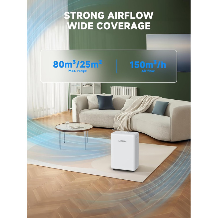 Електричний осушувач повітря 12L/день з таймером, фільтром та захистом від дітей. Тиха робота, смарт-режим, економія енергії, проти цвілі та вологи.