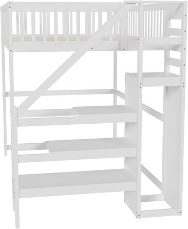 Ліжко-горище Merax для односпального матраца 140x200 см з шафою та сходами, масивне дерево, білий колір (без матраца)