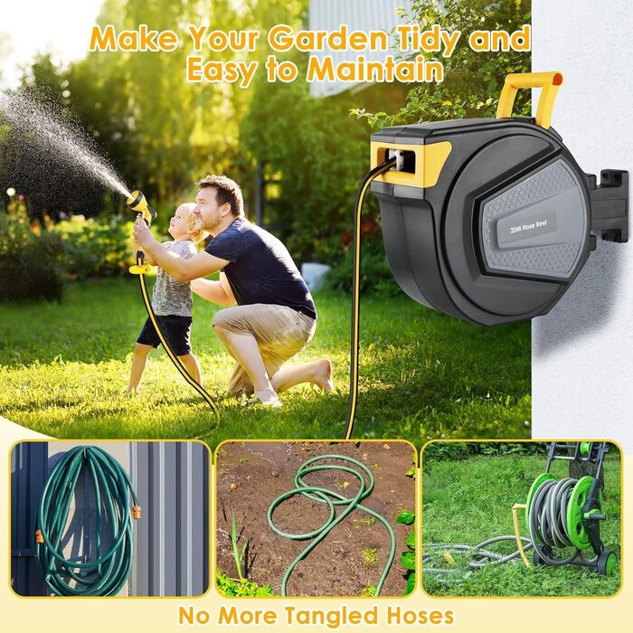 Шланговий барабан з шлангом для саду, настінний, поворотний на 180°, автоматичне змотування, бокс для шланга з ручною лійкою, 9 функцій, для поливу та миття авто (чорно-жовтий, 20 м)